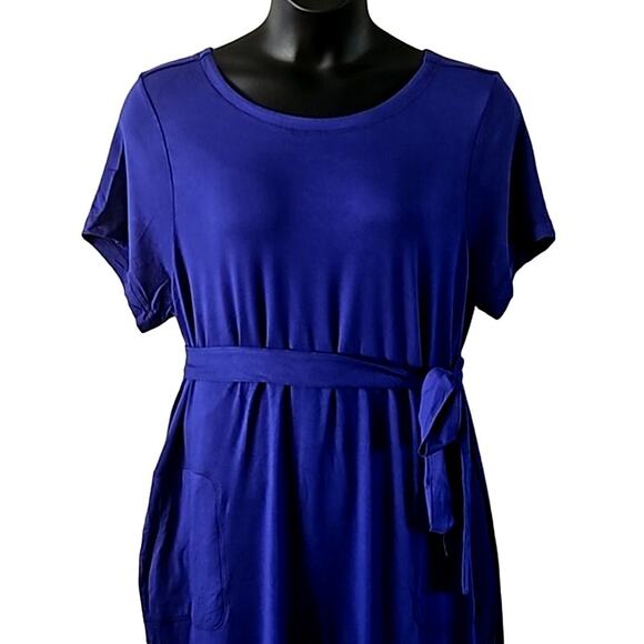 NWOT Isaac Mizrahi Live! Women’s Blue Short Sleeve Belted French Terry Dress 1X - Picture 7 of 8